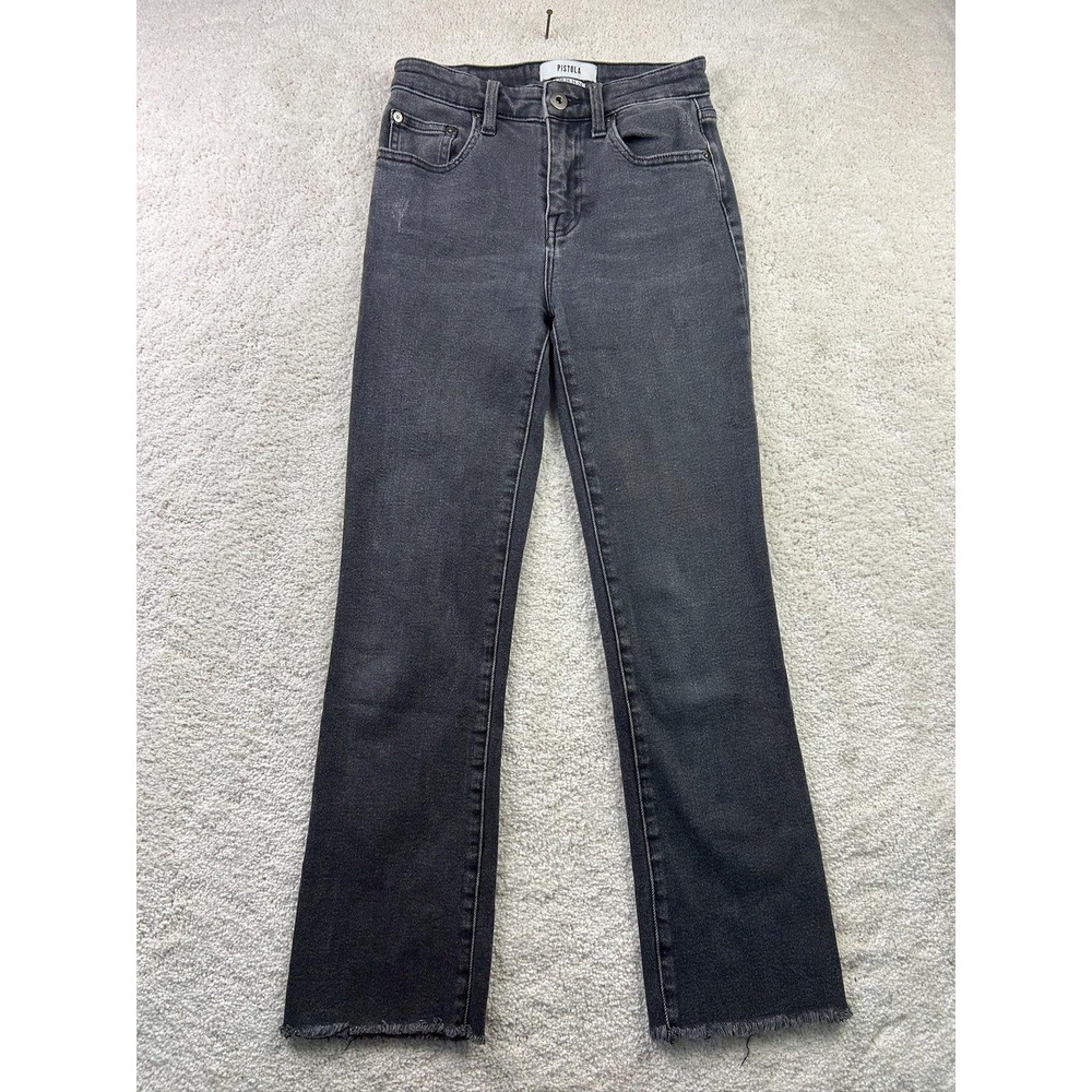 Pistola Jeans Womens 24 Black Straight Leg High Rise Frayed Hem Distressed Denim